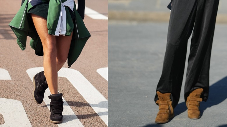 A woman wearing black sneaker wedges on the left and a woman wearing brown sneaker wedges on the right