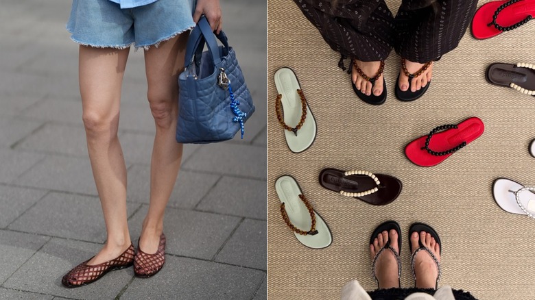 Left: A woman wearing jelly ballet flat sandals. Right: Two people wear beaded thong flip flops.