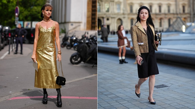 A woman in a gold dress vs a woman in a gold blazer with a black dress