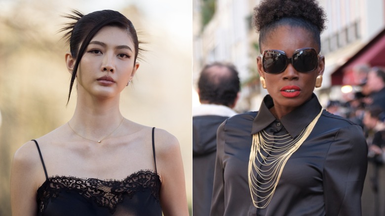 A woman with a dainty necklace vs a woman with a statement gold necklace and earrings