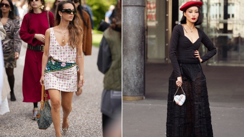 A woman wearing a heart-print dress and one carrying a heart-shape bag