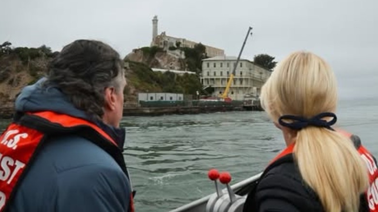 Pam Bondi on a boat approaching Alcatraz prison in San Francisco Bay