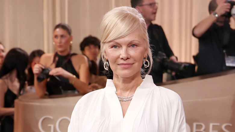 Pamela Anderson poses at the Golden Globes