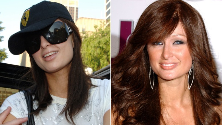 Split image of Paris Hilton with brown hair, sunglass, and a hat on the left, and on the right with brown hair and hoop earrings at an event.