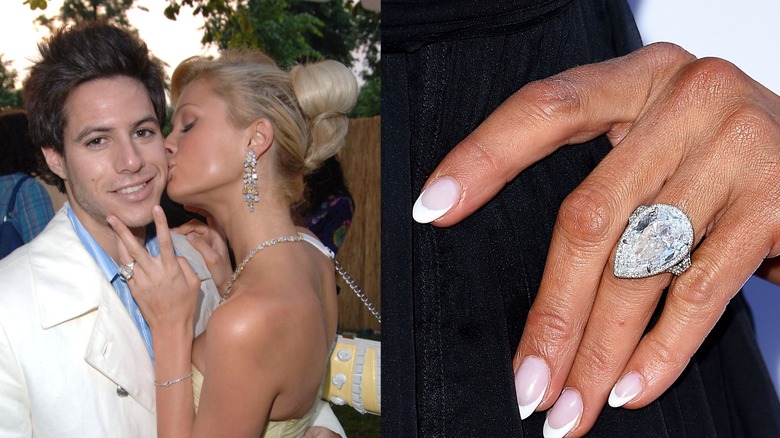 Left: Paris Hilton kisses former fiance Paris Latsis in the cheek Right: Close-up to Paris Hilton's hand with engagement ring