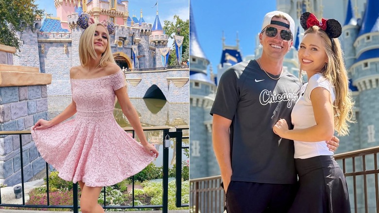 On the left, Maggie Sajak poses in a lacy prink dress in front of Sleeping Beauty castle at Disneyland Resort in 2021. On the right, Sajak poses with Jackson Olson at Walt Disney World Resort in 2026.