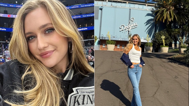 On the left, Maggie Sajak took a selfie with her blond hair framing her face at an LA Kings game in March 2026, and on the right, Sajak poses in front of Dodger Stadium in jeans, a white tank, and a jacket hanging off her elbows in 2025.