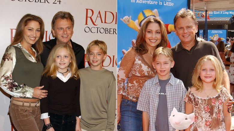 On the left, Maggie Sajak attends a red-carpet event with her family wearing a black long-sleeve dress with a white-collar popping through. On the right, Maggie Sajak attends the Stuart Little 2 premiere with her family in Los Angeles in 2002, wearing a floral shirt with jeans.
