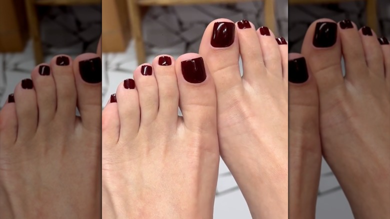 Bare feet with dark burgundy toenails