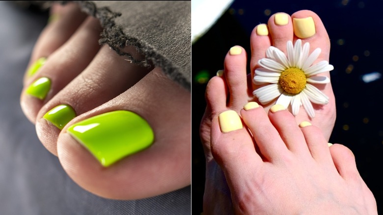 A neon green pedicure and a butter yellow pedicure