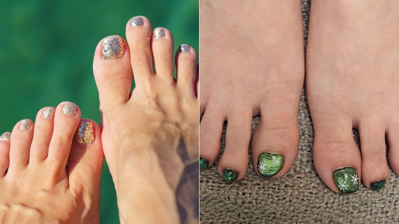 A glitter pedicure and a chrome pedicure