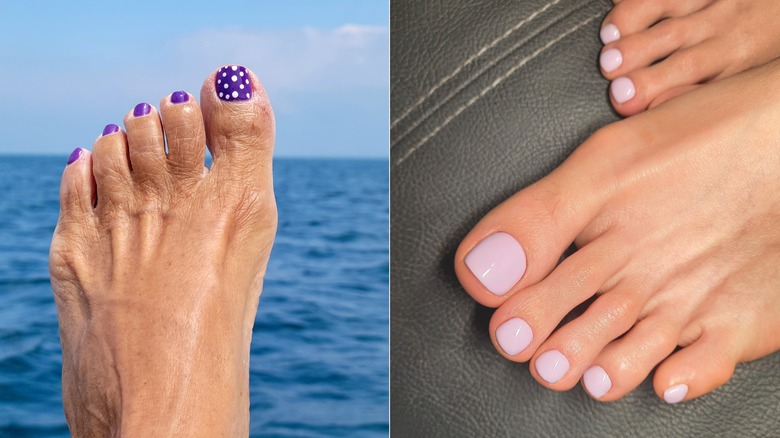 A bright purple pedicure with polka dots and a pastel purple pedicure