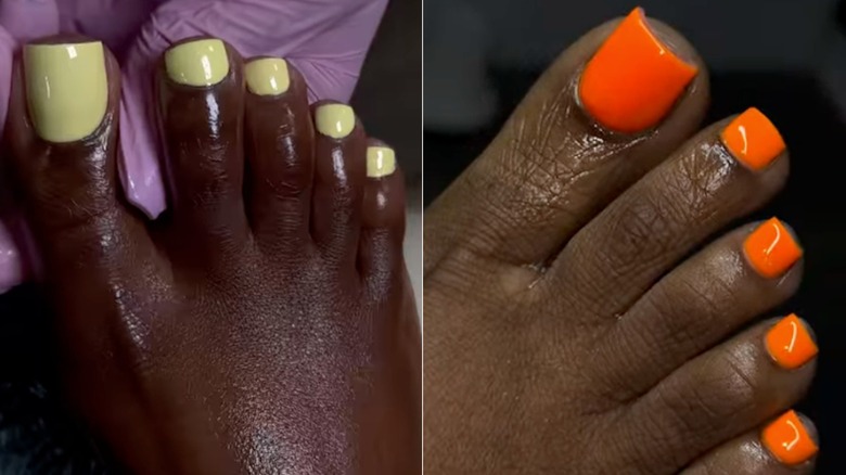 Side by side: Deep-toned feet with pale yellow nails and bright orange nails