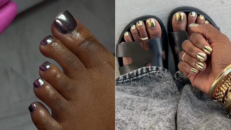 Side by side: Deep-toned feet with silver nails and gold nails