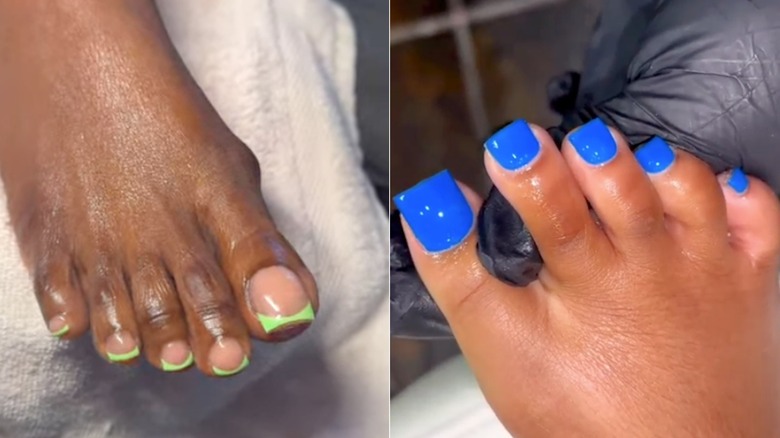 Side by side: Deep-toned feet with a green French pedicure and cobalt nails
