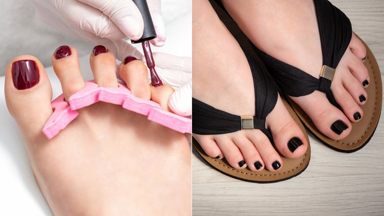 Feet with burgundy toenails and with black toenails