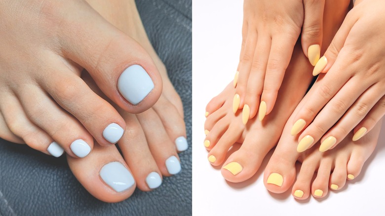Feet with pastel blue and yellow toenails