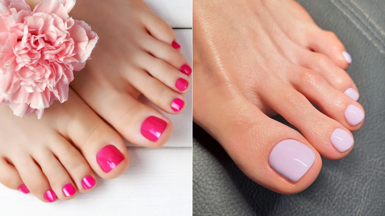 Feet with pink toenails, and feet with lavender toenails