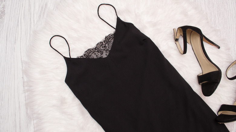 Black slip dress and heels