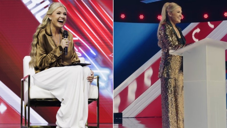 A side-by-side photo of Erika Kirk sitting down in a gold satin top on the left and her wearing a gold sequined pantsuit on the right