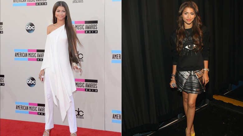 Zendaya in white at the 2013 AMAs and in a black top and miniskirt