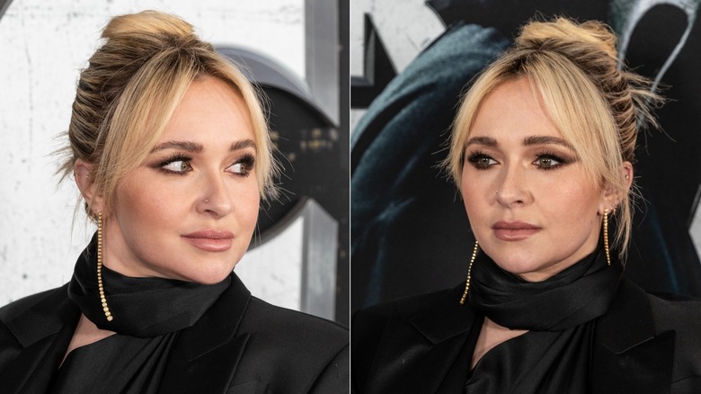 Hayden Panettiere with her hair in a bun and curtain bangs