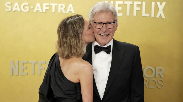 Calista Flockhart kisses Harrison Ford's cheek at the 2026 Actor Awards