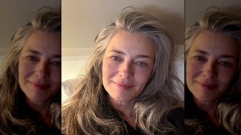 Paulina Porizkova posing in bed for a selfie on New Year's Day.