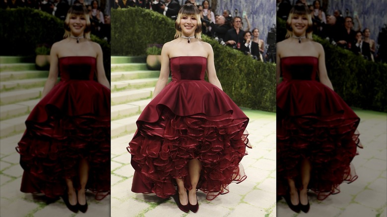 Alysa Liu wearing a burgundy dress at the 2026 Met Gala