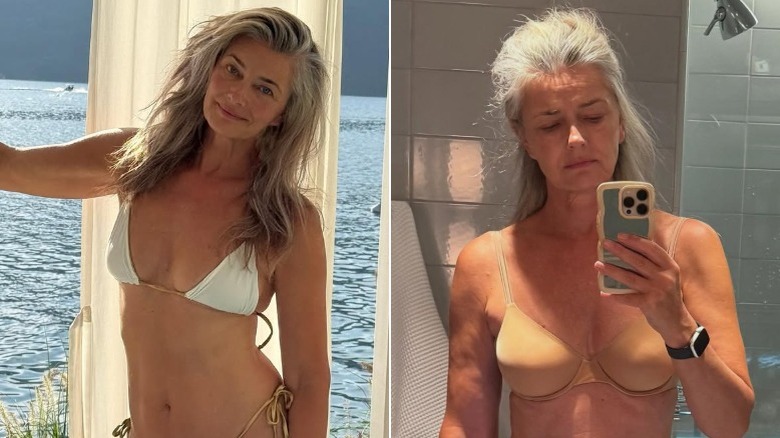 Paulina Porizkova posing by the shore in a white bikini and long hair.