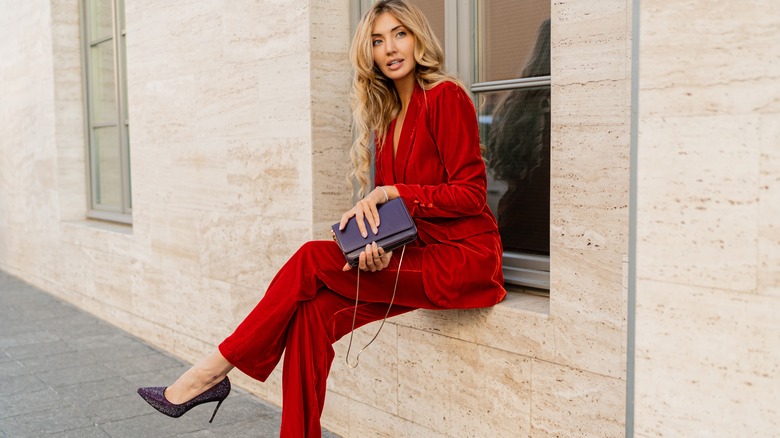 woman wearing red velvet dress