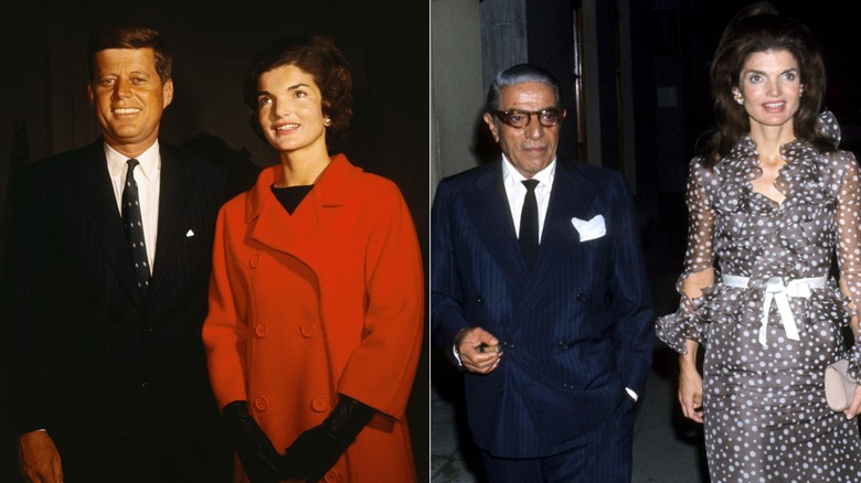 A split image of JFK and Jackie Kennedy and Jackie Kennedy with Aristotle Onassis