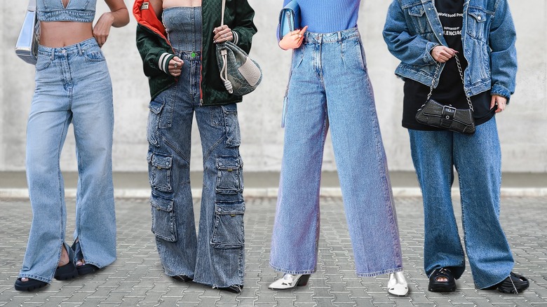 Four women wearing pooling denim