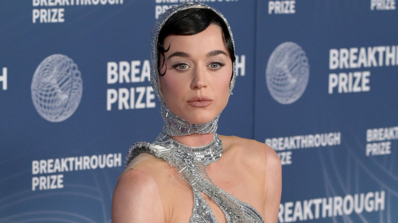 Katy Perry wearing a silver outfit with a hood