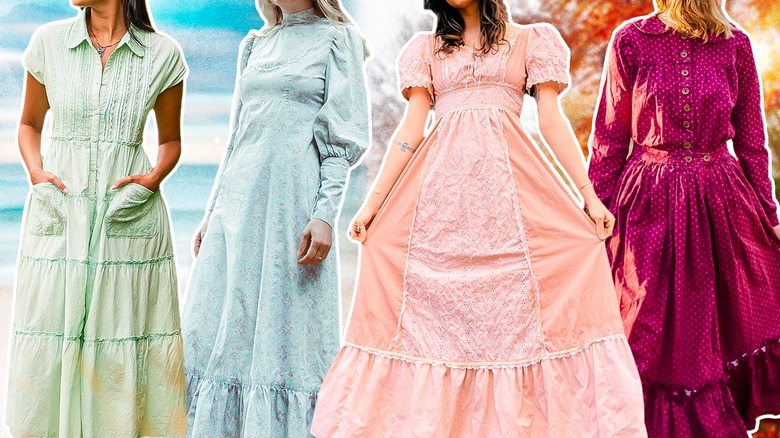 Four women wearing prairie dresses