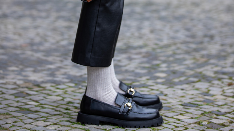 Black loafers grey socks