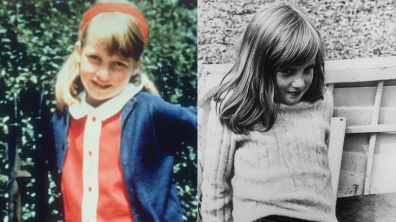 Split image of a young princess Diana with bangs and long hair