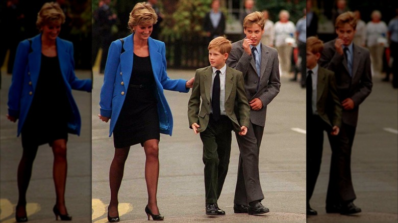 Princess Diana wearing a little black dress with a blue coat in 1995.