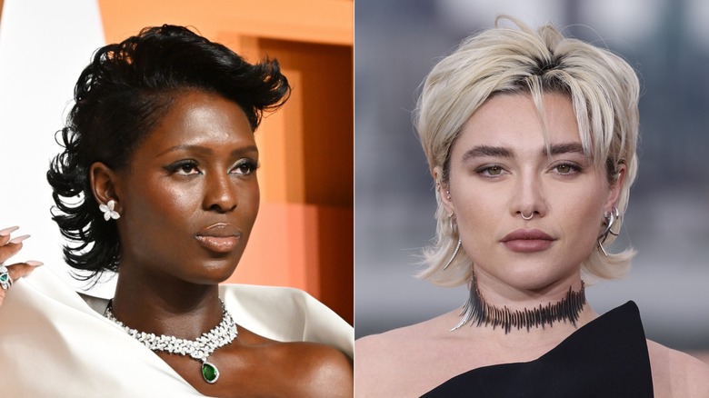 Jodie Turner-Smith with a short bixie haircut wearing a white gown on the left and Florence Pugh wearing black with a short blond bixie cut on the right.