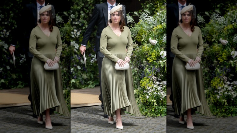 Princess Eugenie wearing an olive dress at the Duke of Westminster's wedding