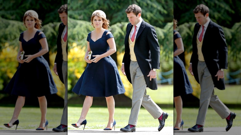 Princess Eugenie and Jack Brooksbank wearing tones of red and navy
