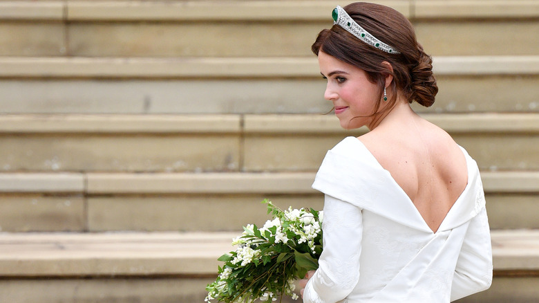 The back of Princess Eugenie's wedding dress, revealing her scoliosis scar