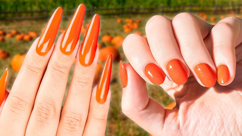 Glossy orange nails in front of pumpkin patch