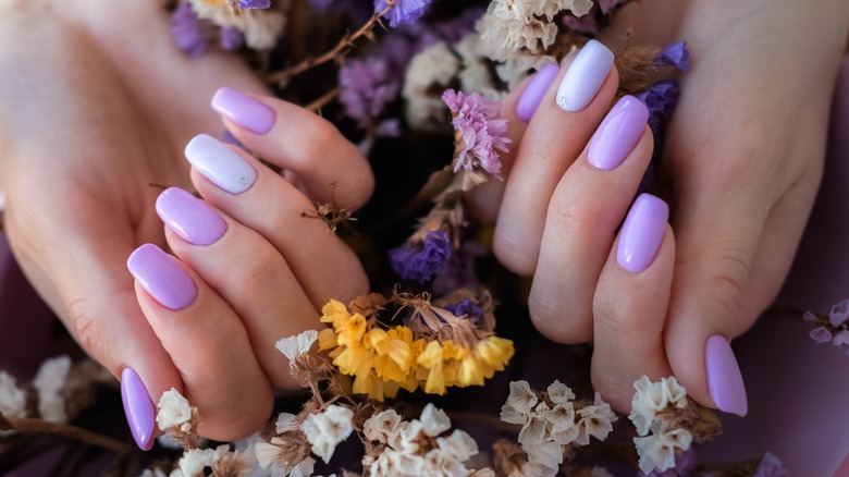 woman's hands with purple manicure