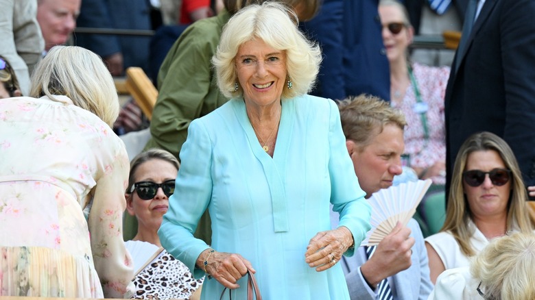 Queen Camilla attends day ten of Wimbledon Championships in July 2026.