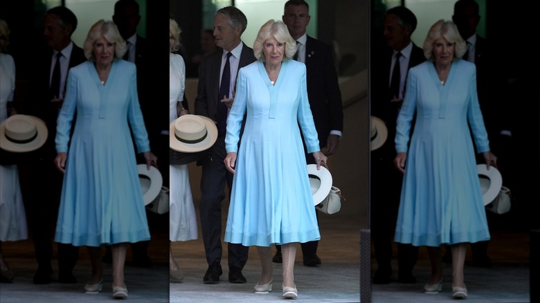 Queen Camilla at Wimbledon 2026 wearing a blue dress