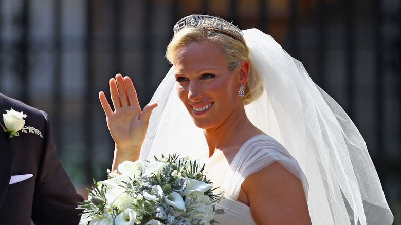 Zara Tindall waves to onlookers on her wedding day