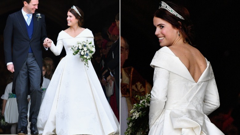 Princess Eugenie at her wedding to Jack Brooksbank, with a view of the back of her gown
