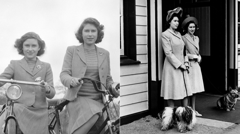 Queen Elizabeth and Princess Margaret as young women wearing matching outfits in the 1940s