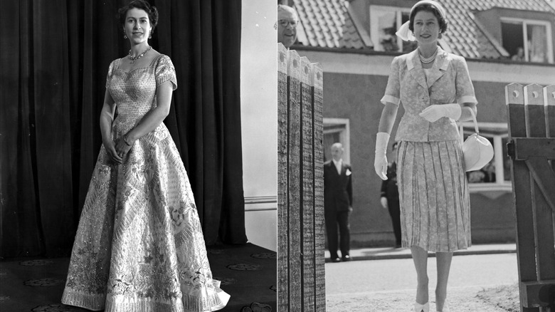 Queen Elizabeth II in her coronation dress, and in a skirt set in the 1950s